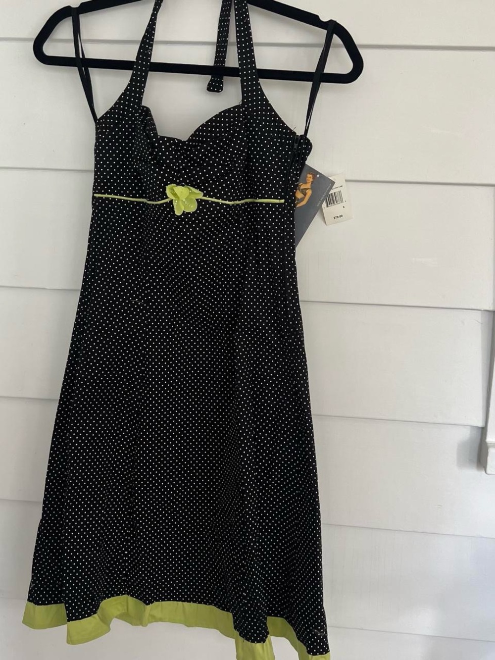 Vintage y2k NWT Ruby Rox black polka dot halter dress with green trim
